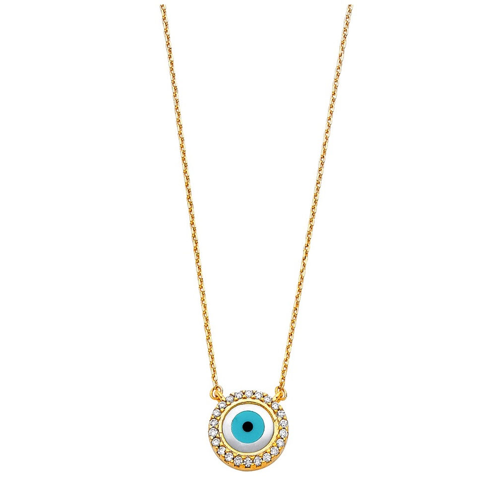 14K Yellow Gold  CZ Evil Eye Necklace - 17+1"